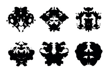 Rorschach inkblot test black silhouettes set. Symmetrical ink stain, psychology tests silhouettes