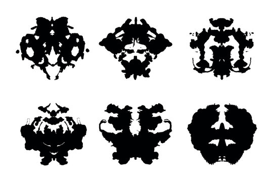 Rorschach inkblot test black silhouettes set. Symmetrical ink stain, psychology tests silhouettes