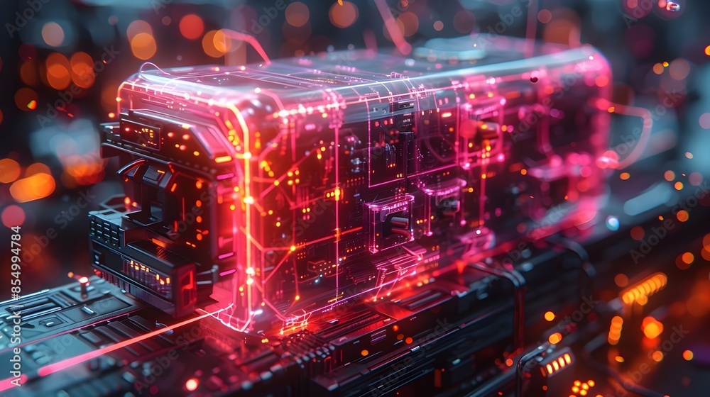 Poster hyper intelligent neural network processing hub with crystalline casing and glowing interface