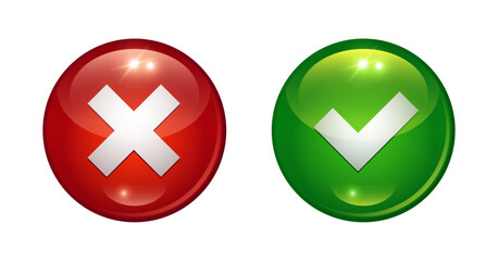 Red and green 3D push buttons with cross and check mark.