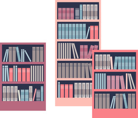 Three colorful bookshelves filled with various books.