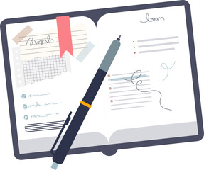 Open notepad with drafts, pen, and sticky notes.