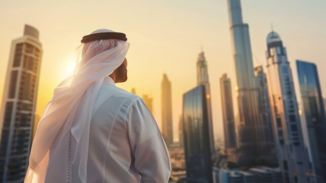 Happy Emirati Arab at office wearing Kandura looking at front ideal for Middle East business concept