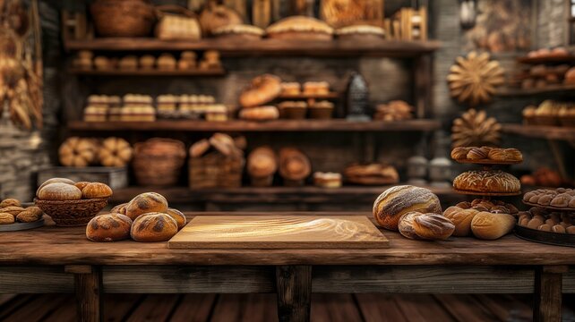 An empty wooden podium, against the background of a showcase with bakery products, rustic style. 
 a showcase for displaying goods. 3D visualization.