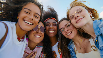 Fototapeta premium Diverse group of happy young female friends having fun taking selfie portrait together outdoors. Female friendship and youth concept.