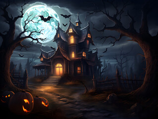 Illustration of a spooky haunted house with bats flying around and full moon in the background