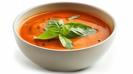 A bowl of creamy tomato soup with basil leaves, isolated on a white background, studio lighting to emphasize the rich color and smooth texture