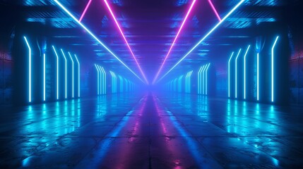 Empty dark background with blue fluorescent neon laser lights. Party and night club concept background with copy space for text or product display