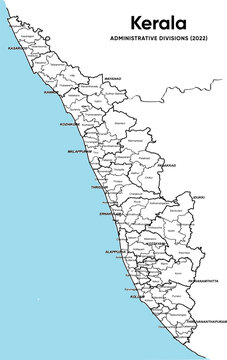 Political Map of Kerala districts text for administrative divisions. vector map illustration. Indian state in South India malabar coast mapping drawing, editable eps vector template graphics