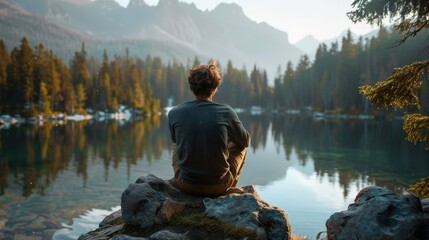 A man sits on a rock by a lake and looking out at the water