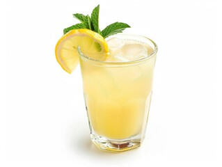 A glass of iced lemonade with mint leaves, isolated on a white background, studio lighting to emphasize the refreshing look and vibrant colors