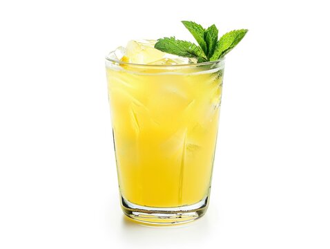 A glass of iced lemonade with mint leaves, isolated on a white background, studio lighting to emphasize the refreshing look and vibrant colors
