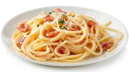 A plate of spaghetti carbonara, isolated on a white background, studio lighting to emphasize the creamy sauce and perfectly cooked pasta