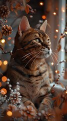 Cozy Bengal Cat Lounging in Floral Christmas Scene with Soft Bokeh Lights