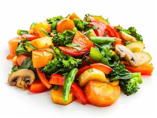 A vibrant vegetable stirfry, isolated on a white background, studio lighting to highlight the colorful mix of vegetables and appealing presentation