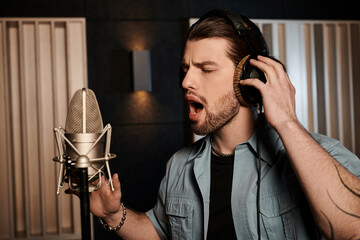 A man passionately sings into a microphone in a bustling recording studio during a music band...