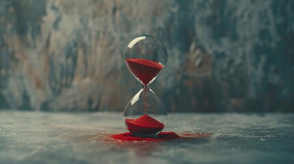 Red sand passing in hourglass, countdown running time, deadline on empty grey background copy space