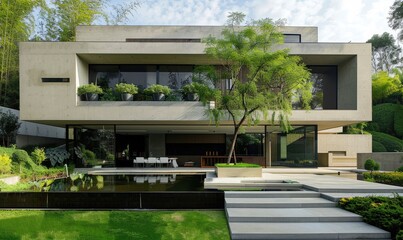 Fototapeta premium Modern Minimalist Luxurious Home on Outskirts Under Cloudy Sky