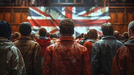 Diverse Voter Participation in the United Kingdom s Electoral Process with Union Jack Backdrop