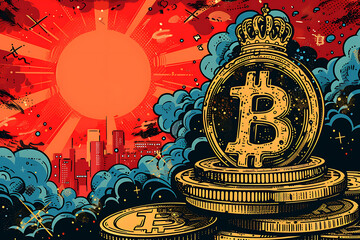 A Bitcoin coin with a crown in pop art style