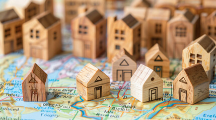 wooden toy house and cubes on a real estate graph or map of land with a building plan, in the style of real estate concept


