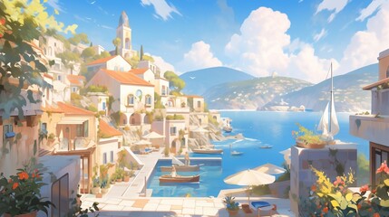 Fototapeta premium a landscape of a Meditteranean coastline in summer, illustration in the style of anime