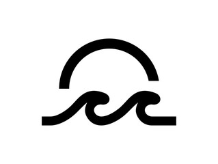 Minimal sunset or sunrise over the waves of the blue ocean or sea, ornament icon. Line art waves with sun