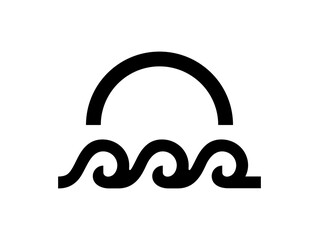 Minimal sunset or sunrise over the waves of the blue ocean or sea, ornament icon. Line art waves with sun