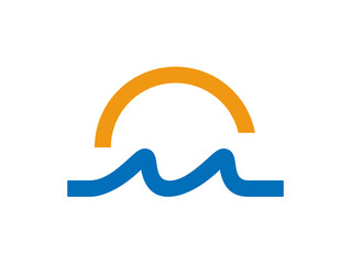 Minimal sunset or sunrise over the waves of the blue ocean or sea, ornament icon. Line art waves with sun
