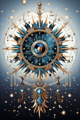 Fototapeta premium A celestial-themed artwork features a central astrological wheel adorned with elements, surrounded by floating stars and cosmic symbols.