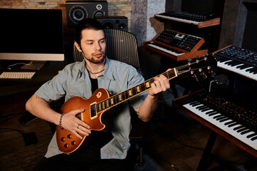 Obraz premium A skilled man plays an electric guitar with passion in a recording studio during a music band rehearsal.