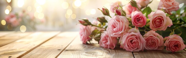 Romantic Wedding Interior with Pink Rose Bouquet on Wooden Table