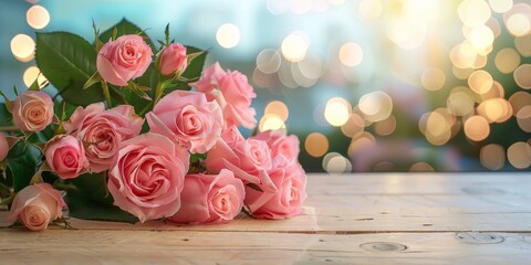 Romantic Wedding Interior with Pink Rose Bouquet on Wooden Table