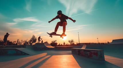 Skateboarder floats in the air doing a kickflip in a skateboard park with the setting sun.