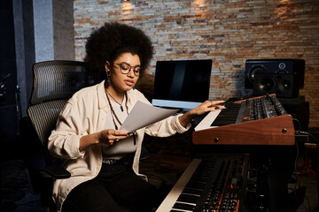 A talented woman sits at a keyboard in a recording studio, composing music for a band rehearsal.