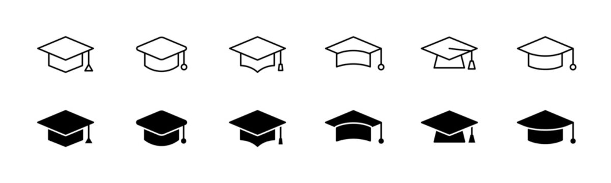 Graduation cap icon set. Line and glyph graduation hat. Mortarboard collection