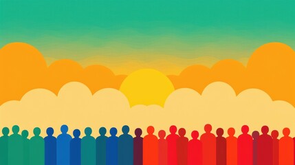Fototapeta premium An abstract illustration of a crowd of people in various colors watching a sunset with a gradient sky.