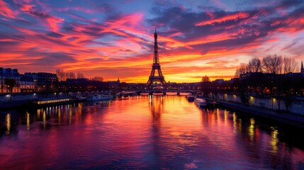 Fototapeta na wymiar A vibrant sunset over the Seine River in Paris, with the Eiffel Tower silhouetted against the colorful sky and reflections dancing on the water