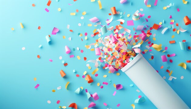 Bright and colorful confetti explosion from a party popper against a vibrant blue background, signifying celebration and joy.
