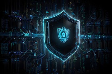 A cybersecurity concept image, featuring an AI shield protecting data streams and digital networks from cyber threats