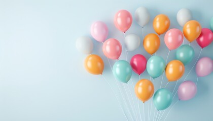 Colorful balloons floating against a light blue background, perfect for celebrations, parties, or festive greetings.