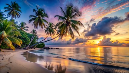 Paradise beach with palm trees and calm ocean at dawn or sunset.  
