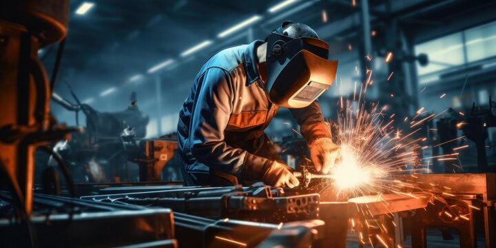 Workers weld steel pipes in the automotive industry.