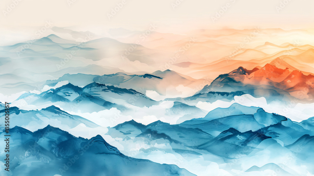 Wall mural Abstract mountain landscape in the style of a watercolor painting, foggy mountains, soft gradient colors, minimalist design - Wall murals