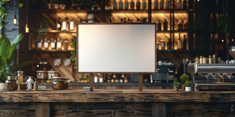 Wooden Bar Counter with Blank Sign and Coffee Machine