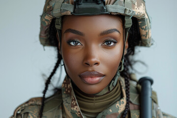 Confident female soldier in military uniform and helmet