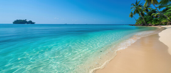 Fototapeta premium A beautiful beach with a clear blue ocean and palm trees in the background