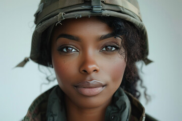 Obraz premium Confident female soldier in camouflage uniform and helmet