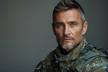 Fototapeta premium Portrait of a serious soldier in military uniform