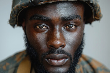 Close-up portrait of soldier with intense gaze and camouflage helmet
